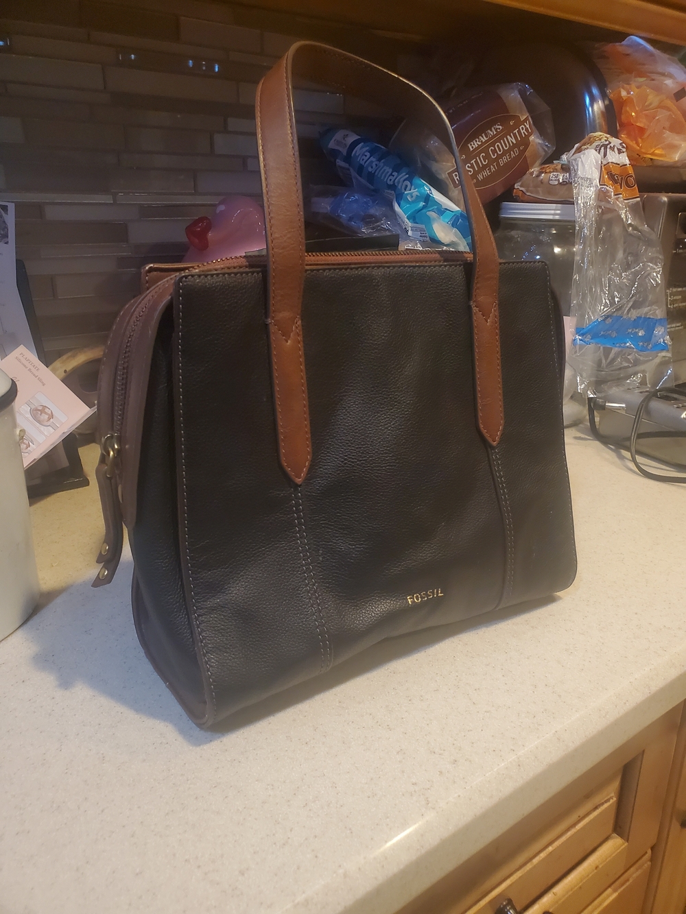 Fossil Black Leather Satchel with Brown Leather Handles